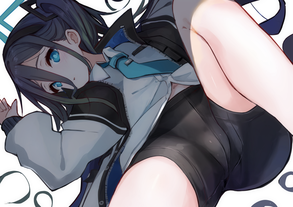 kenzuishi (pixiv1071422), aris (blue archive), blue archive, commentary request, 1girl, bike shorts, black hair, black shorts, blue eyes, blue halo, blue necktie, crotch focus, crotch seam, expressionless, hair between eyes, halo, jacket, long bangs, long hair, long sleeves, looking at viewer, necktie, no pants, open clothes, open jacket, parted lips, school uniform, shirt, shorts, simple background, solo, tareme, turning head, white background, white jacket, white shirt