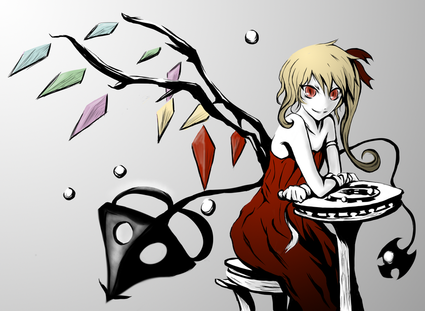 yaruku, flandre scarlet, touhou, 1girl, alternate costume, bare shoulders, blonde hair, colored skin, contemporary, dress, female focus, grey background, laevatein, ponytail, red dress, red eyes, short hair, side ponytail, sitting, smile, solo, strapless, strapless dress, table, white skin, wings