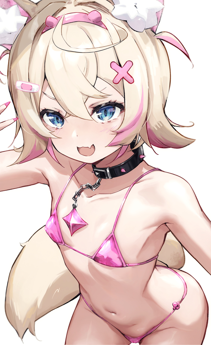 kenzuishi (pixiv1071422), mococo abyssgard, hololive, hololive english, commentary request, 1girl, alternate costume, animal ear fluff, animal ears, bandaid, bandaid hair ornament, bare shoulders, bikini, black collar, blonde hair, blue eyes, collar, cowboy shot, crossed bangs, dog ears, dog tail, fang, fingernails, flat chest, hair between eyes, hair ornament, hairband, long fingernails, micro bikini, multicolored hair, nail polish, navel, open mouth, pink bikini, pink hair, pink hairband, pink nails, short hair, simple background, skin fang, smile, solo, spiked collar, spikes, streaked hair, swimsuit, tail, two-tone hair, v-shaped eyebrows, virtual youtuber, white background, x hair ornament