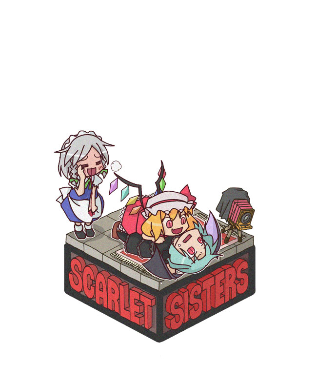 rodney (melagal), flandre scarlet, izayoi sakuya, remilia scarlet, embodiment of scarlet devil, touhou, silver hair, bad id, bad pixiv id, 3girls, bellows camera, blonde hair, blood, blue hair, camera, chibi, faux figurine, female focus, hat, isometric, maid, multiple girls, nosebleed, red eyes, vampire, white background, wings