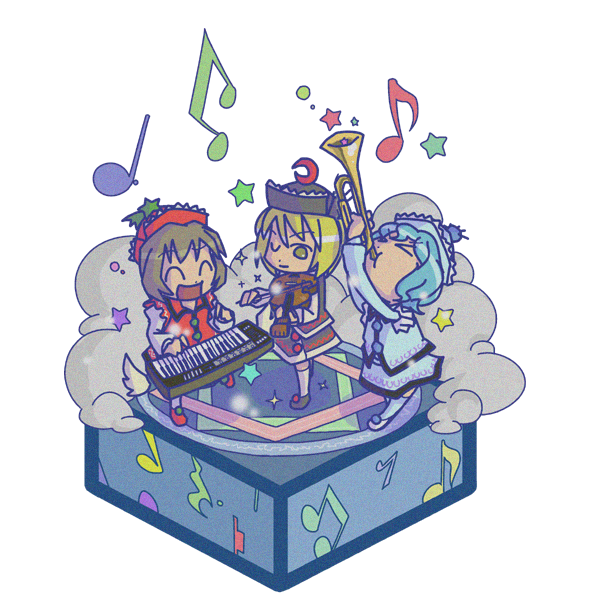 rodney (melagal), lunasa prismriver, lyrica prismriver, merlin prismriver, touhou, bad id, bad pixiv id, > <, 3girls, ^ ^, blonde hair, blue hair, brown hair, chibi, closed eyes, female focus, hat, instrument, isometric, keyboard, keyboard (instrument), multiple girls, musical note, siblings, sisters, transparent background, trumpet, violin