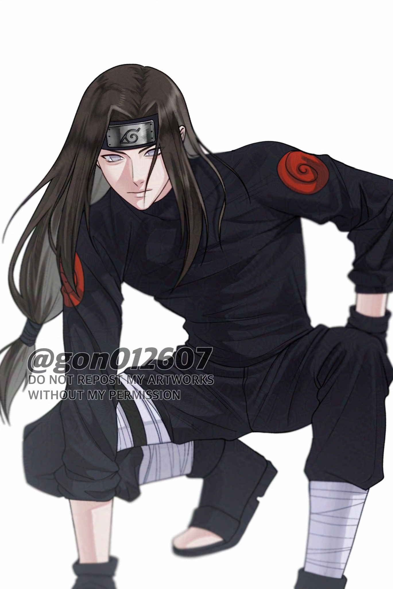 gon012607, hyuuga neji, naruto (series), highres, 1boy, bandaged leg, bandages, black gloves, black headband, black pants, black shirt, black shoes, brown hair, foot out of frame, gloves, grey eyes, hair tie, hand on own hip, headband, long hair, low-tied long hair, male focus, no pupils, open-toe shoes, pale skin, pants, parted bangs, shirt, shoes, solo, squatting, white background