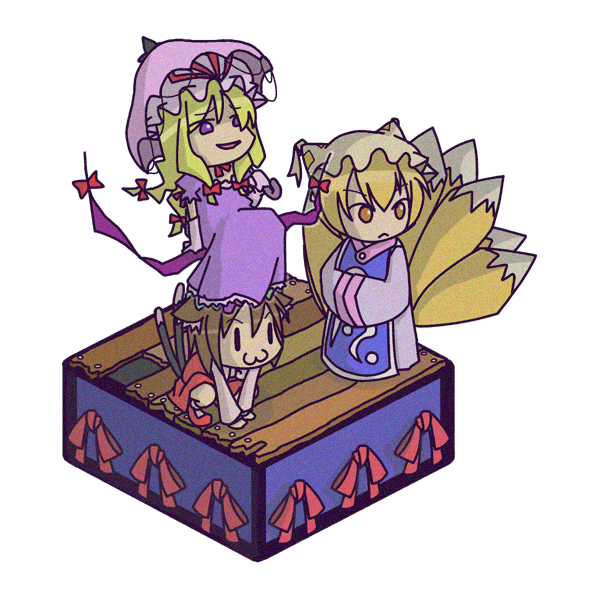 rodney (melagal), chen, yakumo ran, yakumo yukari, touhou, bad id, bad pixiv id, 3girls, :3, animal ears, animal hat, blonde hair, brown hair, cat ears, cat girl, cat tail, chibi, female focus, fox tail, gap (touhou), hands in opposite sleeves, hat, isometric, long sleeves, mob cap, multiple girls, multiple tails, nekomata, shoes, short hair, socks, tail, tassel, transparent background, two tails, umbrella, white background, wide sleeves