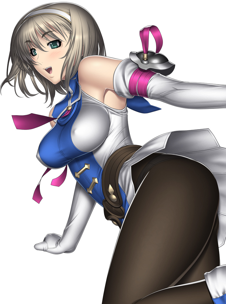 kansuke, cassandra alexandra, namco, soul calibur, soulcalibur, soulcalibur ii, 1girl, aqua eyes, armor, armored dress, bare shoulders, blonde hair, bob cut, breasts, covered erect nipples, dress, elbow gloves, female focus, gloves, hairband, jumping, large breasts, necktie, open mouth, pantyhose, pink necktie, shoulder pads, solo, thighs, white background