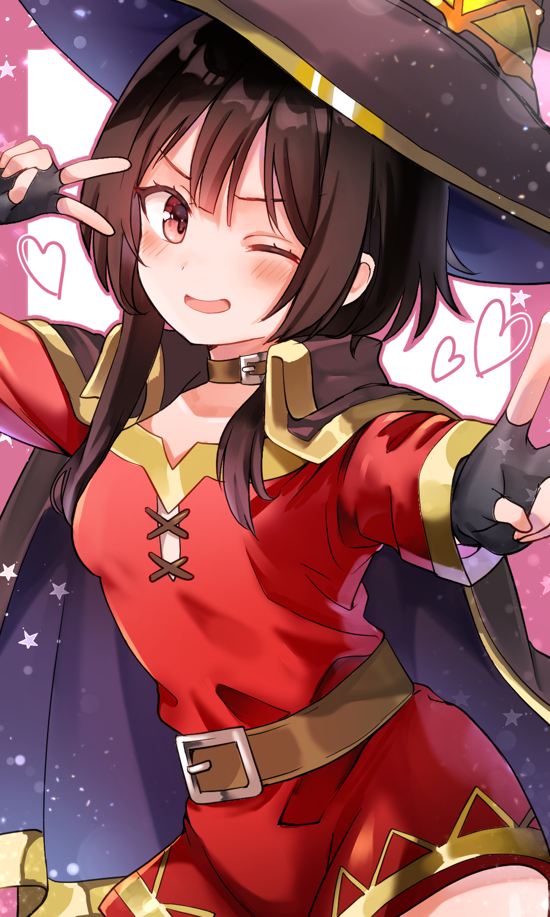 fukukaminai, megumin, kono subarashii sekai ni shukufuku wo!, commentary request, highres, making-of available, 1girl, ;d, blush, breasts, cowboy shot, double v, dress, hat, heart, looking at viewer, magical girl, one eye closed, open mouth, red dress, short dress, small breasts, smile, solo, v, v-shaped eyebrows, v over eye