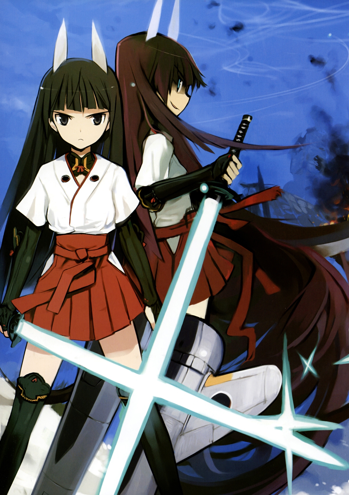 shimada fumikane, anabuki tomoko, strike witches, strike witches: suomus misfits squadron, world witches series, highres, non-web source, scan, 00s, 1girl, animal ears, black hair, dual persona, energy sword, hakama, hakama short skirt, hakama skirt, japanese clothes, long hair, skirt, striker unit, sword, thighhighs, weapon