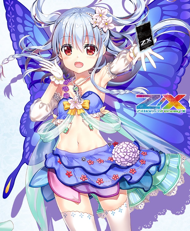 fujima takuya, kagamihara azumi, z/x, official art, 1girl, armpits, blue dress, blue hair, braid, breasts, butterfly wings, copyright logo, copyright name, dress, floating hair, flower, gloves, hair flower, hair ornament, insect wings, jewelry, logo, long hair, looking at viewer, necklace, open mouth, red eyes, side braids, small breasts, solo, thighhighs, trading card, two side up, white gloves, white thighhighs, wings