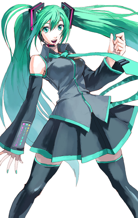 akito, hatsune miku, vocaloid, bad id, bad pixiv id, 1girl, aqua eyes, aqua hair, aqua nails, bare shoulders, belt, black thighhighs, blue hair, breasts, detached sleeves, female focus, fingernails, gradient hair, green hair, hair ornament, headset, laughing, long hair, miniskirt, multicolored hair, nail (hardware), nail polish, necktie, open mouth, pleated skirt, sidelocks, simple background, skirt, smile, solo, standing, thighhighs, twintails, very long hair, zettai ryouiki