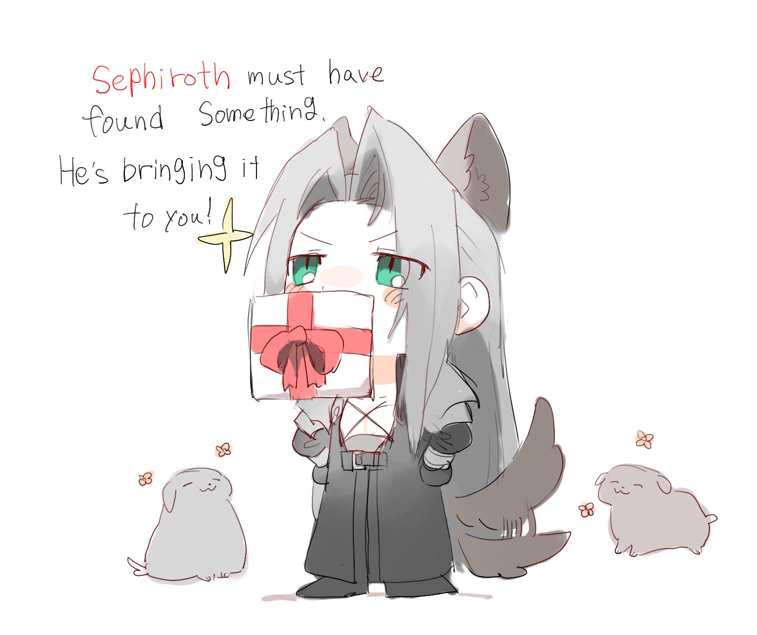 hattouissenbaka, sephiroth, final fantasy, final fantasy vii, commentary, english commentary, highres, 1boy, animal, animal ears, armor, black boots, black coat, black gloves, black pants, blush stickers, boots, bracer, chibi, chibi only, coat, dog, dog boy, dog ears, dog tail, english text, full body, gift, gloves, green eyes, grey hair, hands on own hips, happy aura, kemonomimi mode, long hair, long sleeves, looking up, male focus, mouth hold, pants, pauldrons, shoulder armor, solo focus, sparkle, spoken flower, standing, tail, tail wagging, very long hair, white background