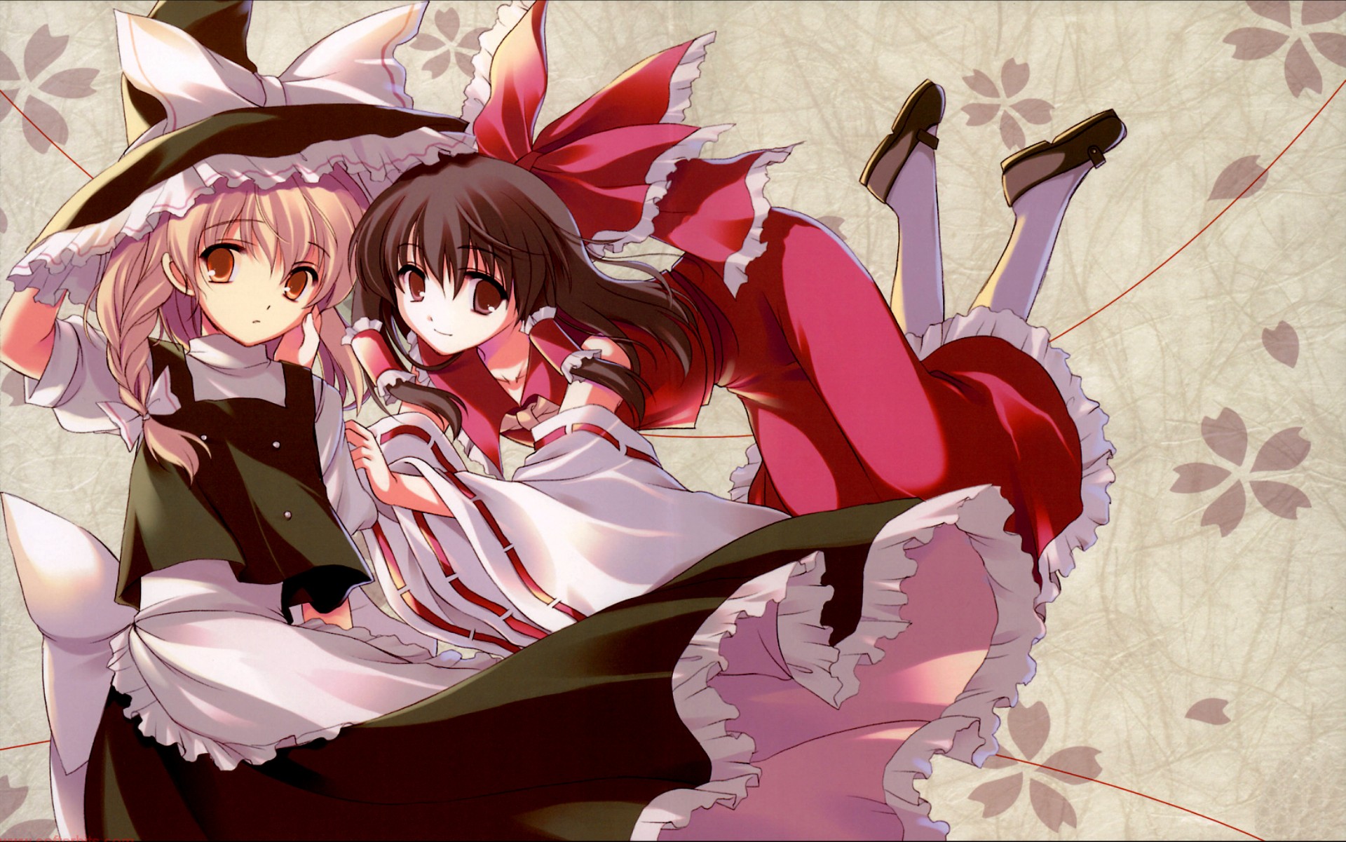 odawara hakone, hakurei reimu, kirisame marisa, touhou, highres, 2girls, black hair, blonde hair, female focus, hand on another's cheek, hand on another's face, hat, japanese clothes, long hair, miko, multiple girls, red eyes, ribbon, yellow eyes