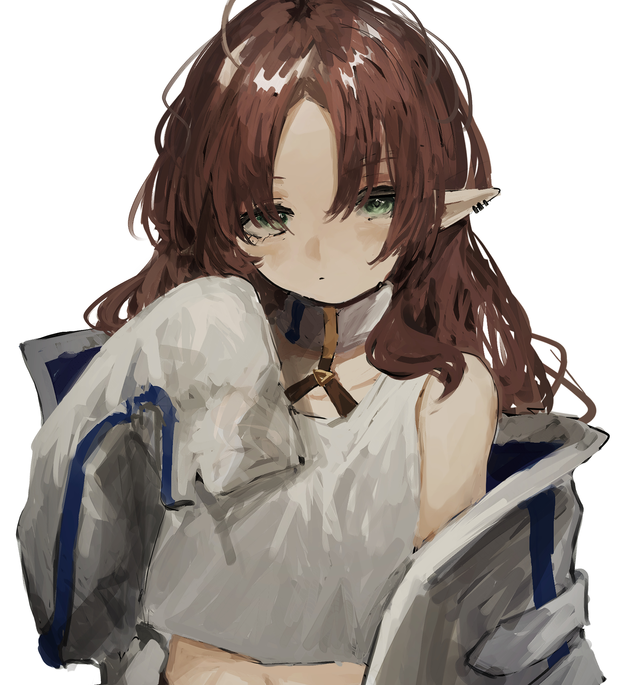 pikuson, myrtle (arknights), arknights, highres, 1girl, bare shoulders, closed mouth, dot mouth, earrings, expressionless, green eyes, hair over eyes, jacket, jewelry, long hair, long sleeves, looking at viewer, midriff, no nose, off shoulder, open clothes, open jacket, parted bangs, pointy ears, red hair, simple background, sleeves past fingers, sleeves past wrists, solo, tank top, upper body, white background, white jacket, white tank top