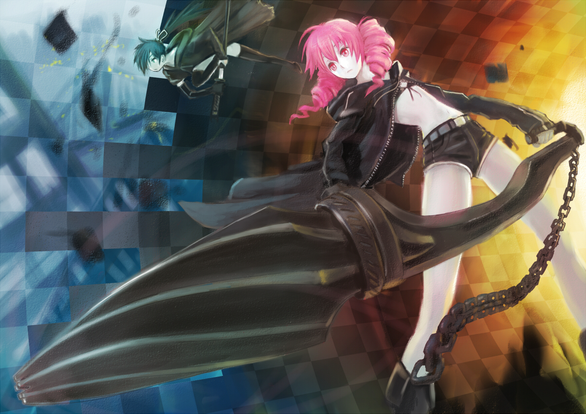 motsu rebaa, black rock shooter (character), kasane teto, nagone mako, black rock shooter, utau, vocaloid, 2girls, bikini, bikini top only, black rock shooter (cosplay), chain, cosplay, drill hair, flat chest, huge weapon, katana, multiple girls, pale skin, pink hair, shorts, swimsuit, sword, twin drills, twintails, weapon