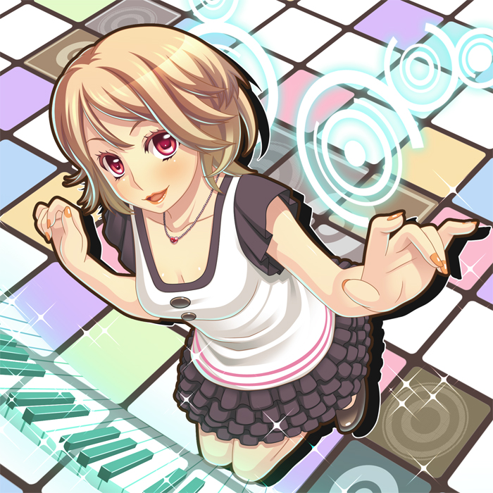 terumii, original, 1girl, :3, blonde hair, blush, bob cut, breasts, brown hair, cleavage, female focus, foreshortening, frills, from above, instrument, jewelry, keyboard, lipstick, looking up, makeup, miniskirt, multicolored hair, nail polish, necklace, open mouth, orange nails, piano keys, red eyes, short hair, skirt, smile, solo, two-tone hair