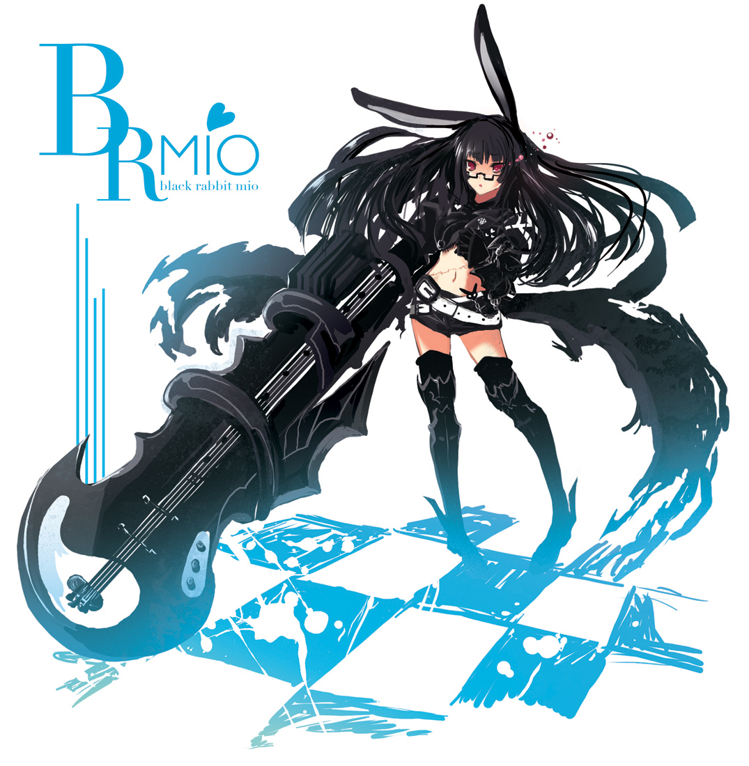 ochakai shin'ya, akiyama mio, black rock shooter (character), insane black rock shooter, black rock shooter, k-on!, bad id, bad pixiv id, 1girl, animal ears, bass guitar, belt, black hair, black rock shooter (cosplay), bunny rock shooter, cannon, checkered floor, cosplay, female focus, glasses, instrument, legs, long hair, midriff, rabbit ears, red eyes, solo, thighhighs