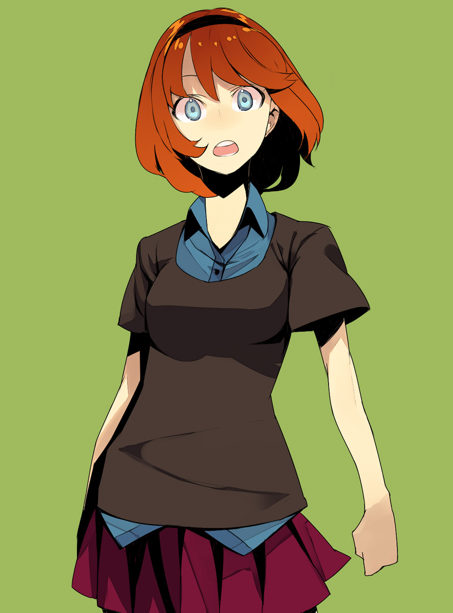 hama (22ji kara 24ji), original, highres, 1girl, :o, blue eyes, breasts, female focus, hair ornament, hairband, miniskirt, open mouth, orange hair, pleated skirt, short hair, simple background, skirt, solo, standing, sweater