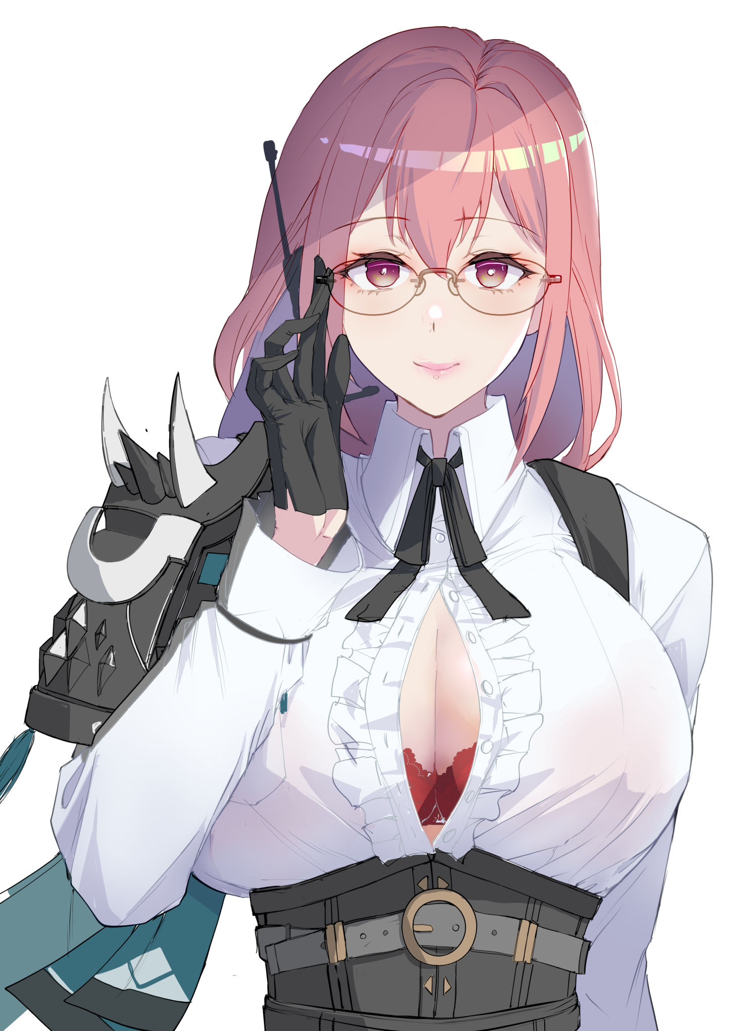 yugensangyo, tsukishiro yanagi, zenless zone zero, highres, 1girl, adjusting eyewear, armor, black gloves, black ribbon, blush, bra, bra visible through clothes, breasts, center frills, center opening, closed mouth, collared shirt, fanged bangs, frilled shirt, frills, glasses, gloves, long hair, long sleeves, looking at viewer, neck ribbon, pink eyes, pink hair, pink lips, red bra, ribbon, shirt, shoulder armor, simple background, smile, solo, suspenders, underbust, underwear, white background, white shirt