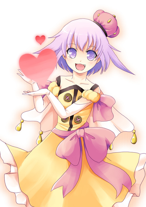 toda ayu, bad id, bad pixiv id, blush, dress, elbow gloves, fang, gloves, hat, heart, purple eyes, purple hair, short hair