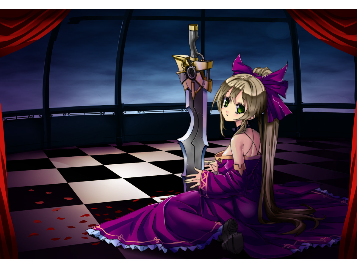 fujimon, original, bad id, bad pixiv id, :o, brown hair, detached sleeves, dress, green eyes, hair ribbon, kneeling, long hair, petals, ponytail, ribbon, solo, sword, weapon