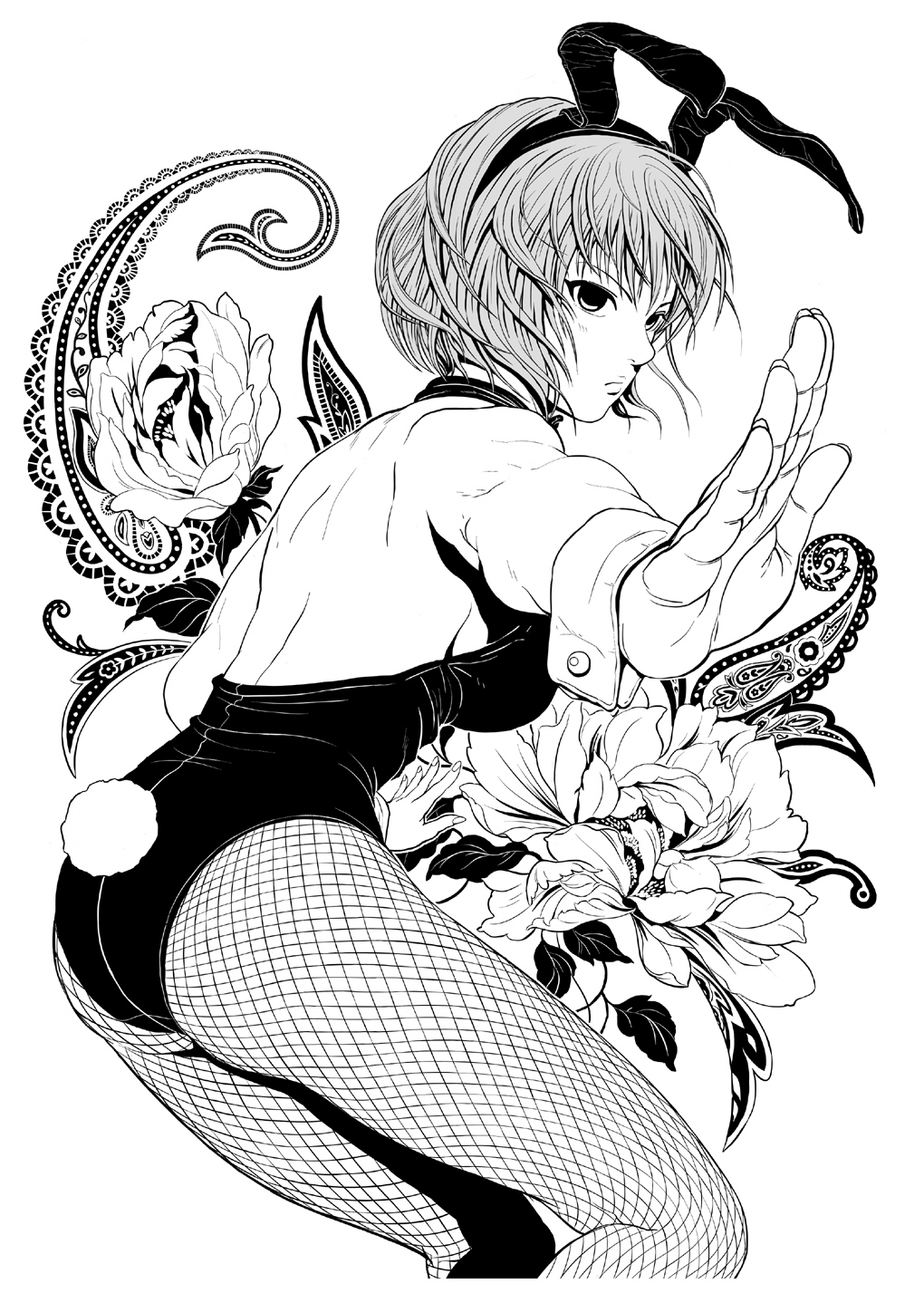 sakkan, highres, 1girl, animal ears, back, backless outfit, bare back, bare shoulders, breasts, cowboy shot, fake animal ears, female focus, fighting stance, fishnet pantyhose, fishnets, flower, greyscale, medium breasts, monochrome, no bra, paisley, pantyhose, playboy bunny, rabbit ears, rabbit tail, sideboob, simple background, solo, tail, toned, toned female, white background
