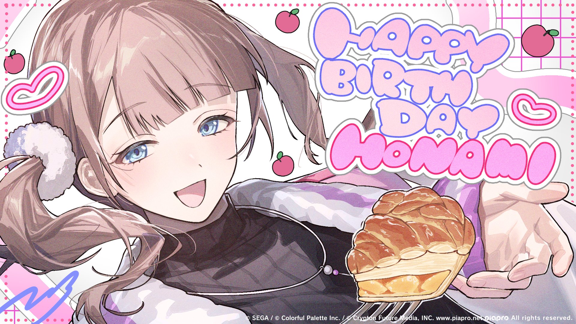 pilo pilo, mochizuki honami, project sekai, commentary request, highres, official art, second-party source, 1girl, :d, apple, apple pie, black shirt, blue eyes, brown hair, character name, company name, copyright notice, food, fork, fruit, guest art, hair ornament, hair scrunchie, happy birthday, heart, jacket, jewelry, necklace, official alternate costume, open mouth, pie, pie slice, pink jacket, scrunchie, shirt, side ponytail, smile, solo, unsteady still steady step (project sekai), watermark, web address, white scrunchie