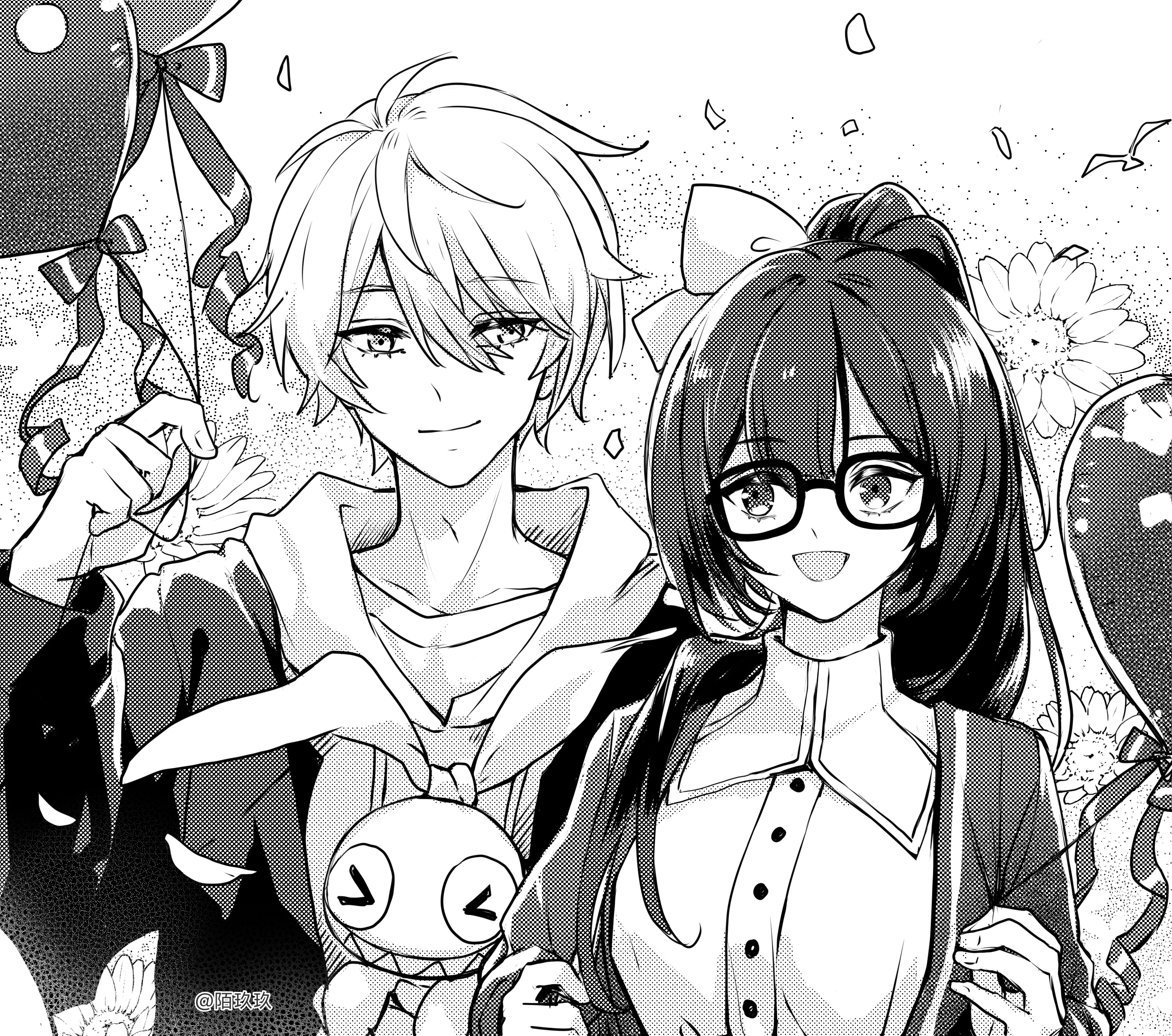 homu (honkai impact), kevin kaslana, mei (honkai impact), honkai (series), honkai impact 3rd, chinese commentary, commission, highres, 1boy, 1girl, artist name, balloon, blunt bangs, bow, character doll, closed mouth, collarbone, couple, doll, floral background, glasses, hair between eyes, hair bow, hair over shoulder, happy, hetero, high ponytail, hood, hood down, hoodie, jacket, light smile, long hair, long sleeves, looking at another, looking down, looking to the side, looking up, monochrome, official alternate costume, open clothes, open jacket, open mouth, ponytail, shade, short hair, standing, upper body, yunzhongqi