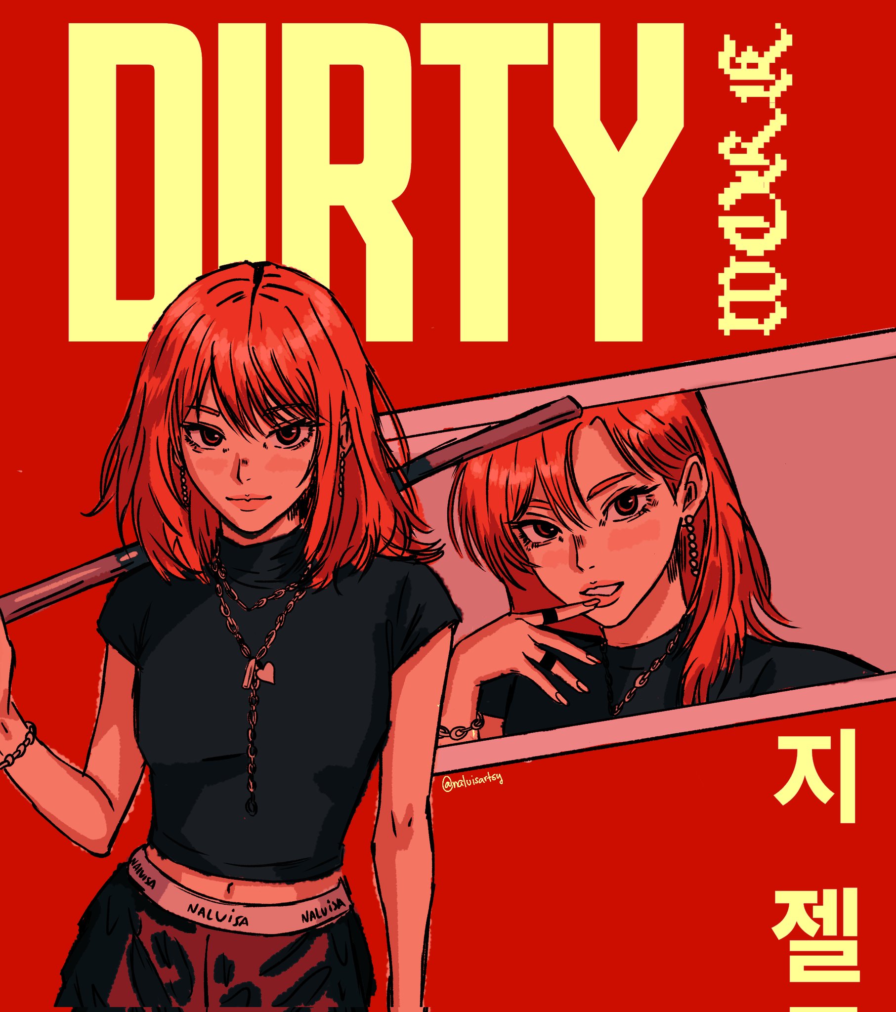 aespa, real life, highres, 1girl, black shirt, bracelet, earrings, giselle (aespa), hair behind ear, holding, jewelry, k-pop, looking at viewer, medium hair, multiple views, naluisartsy, necklace, ring, shirt, smile, song name, twitter username