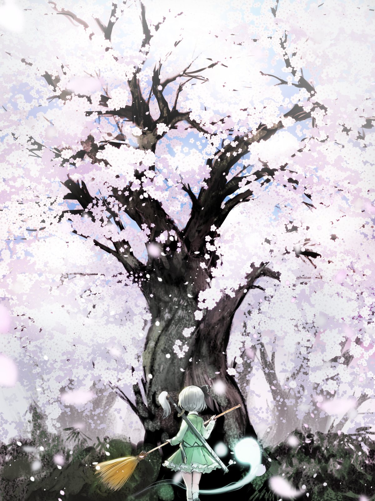 nekoita, konpaku youmu, konpaku youmu (ghost), touhou, commentary request, highres, 1girl, black bow, bow, broom, cherry blossoms, falling petals, from behind, green skirt, green vest, grey hair, hair bow, hitodama, holding, holding broom, katana, outdoors, petals, plant, plant focus, scenery, sheath, sheathed, shirt, short hair, skirt, skirt set, solo, standing, sword, sword on back, tree, vest, weapon, weapon on back, white shirt