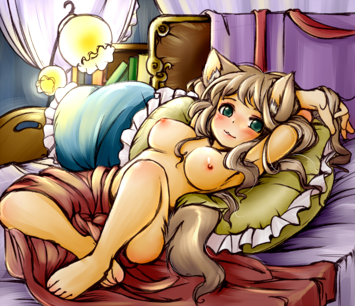 setouchi kurage, :3, animal ears, barefoot, bed, blush, breasts, brown hair, feet, green eyes, large breasts, long hair, lying, nipples, nude, solo, tail