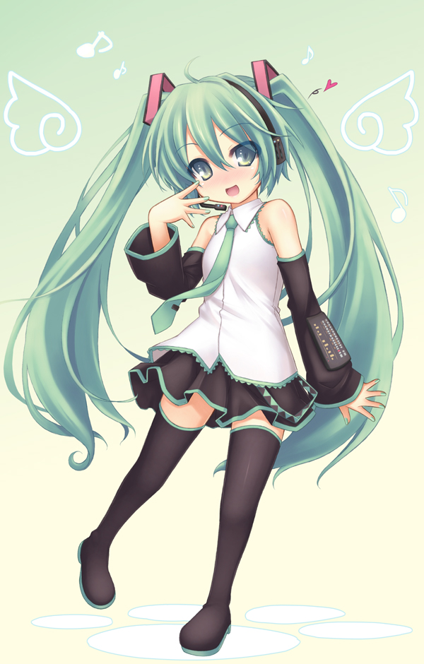 ryo (botugo), chibi miku, hatsune miku, vocaloid, 1girl, black thighhighs, blush, detached sleeves, female focus, green eyes, green hair, green nails, heart, laughing, long hair, matching hair/eyes, miniskirt, musical note, nail polish, necktie, open mouth, skirt, smile, solo, standing, thighhighs, twintails, very long hair, zettai ryouiki