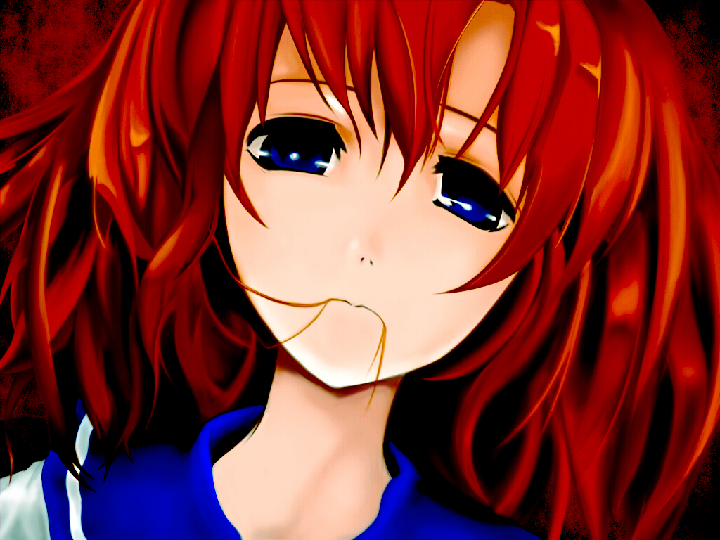 nebusokugimi, nemu (nebusokugimi), ryuuguu rena, higurashi no naku koro ni, 00s, 1girl, blue eyes, female focus, hair in own mouth, mouth hold, orange hair, short hair, solo