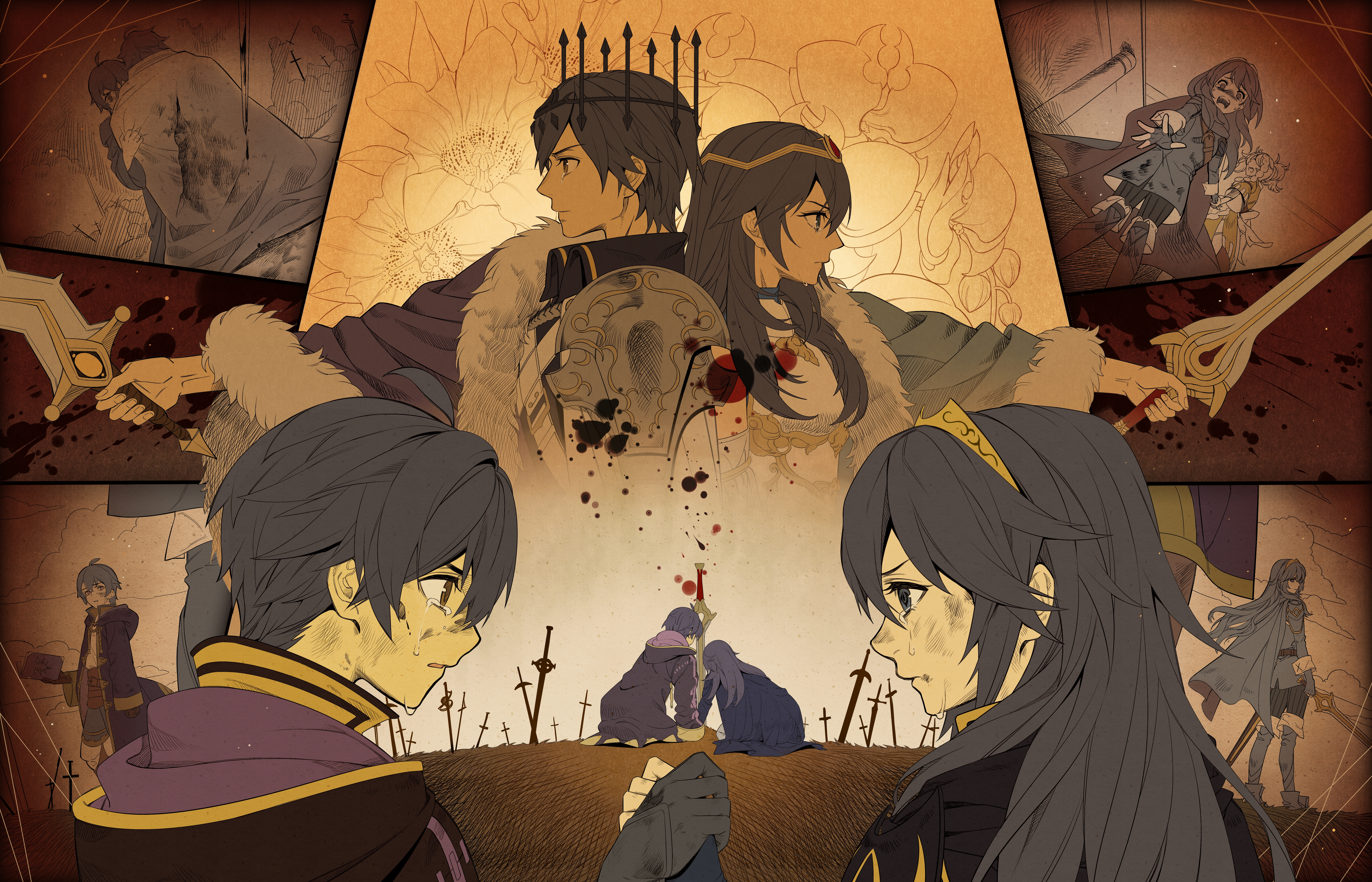 dionadaisuki, chrom (fire emblem), lissa (fire emblem), lucina (fire emblem), lucina (hope-ruling queen) (fire emblem), male morgan (fire emblem), fire emblem, fire emblem awakening, fire emblem cipher, nintendo, absurdres, chinese commentary, commentary request, highres, second-party source, 2boys, 2girls, ahoge, armor, aunt and niece, back-to-back, bad end, black gloves, black robe, blood, blood drip, bloody weapon, blue coat, blue dress, blue eyes, blue gloves, blue hair, blue shirt, book, brand of the exalt, brother and sister, brown eyes, bruise, bruise on face, closed mouth, coat, crying, crying with eyes open, dress, eyes of grima, falchion (fire emblem), father and daughter, fur-trimmed coat, fur trim, gloves, grass, holding, holding book, holding hands, holding sword, holding weapon, hooded robe, hug, injury, kneeling, long hair, long sleeves, multiple boys, multiple girls, outstretched arm, planted, planted sword, planted weapon, robe, serious, shirt, short hair, shoulder armor, siblings, standing, sword, tears, tiara, weapon, white wrist cuffs, wrist cuffs
