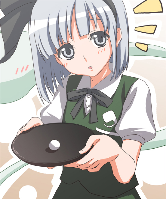 kimitoshiin, konpaku youmu, konpaku youmu (ghost), touhou, silver hair, bad id, bad pixiv id, 1girl, :o, ^^^, blush, bob cut, female focus, grey eyes, hair ribbon, head tilt, hitodama, ribbon, short hair, solo, tray