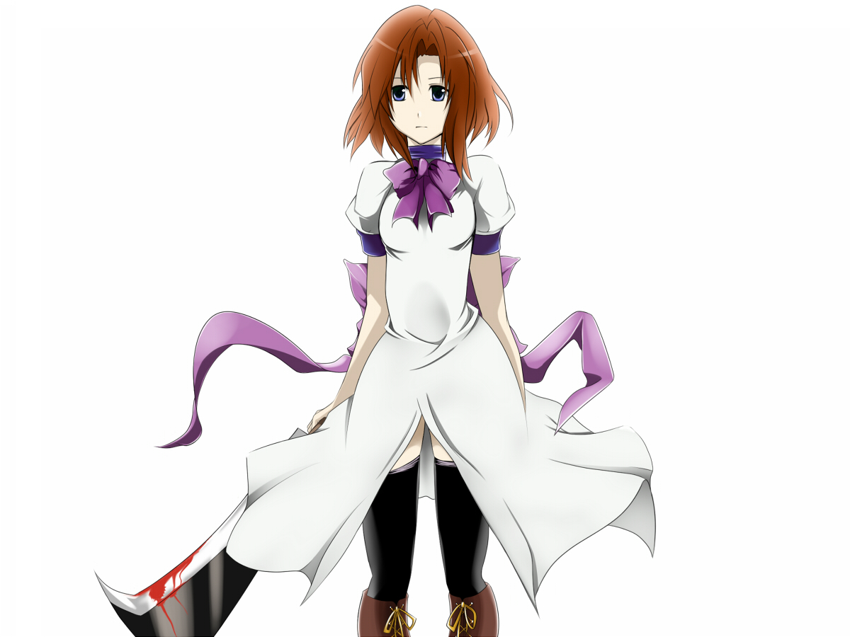 nebusokugimi, nemu (nebusokugimi), ryuuguu rena, higurashi no naku koro ni, 00s, 1girl, billhook, blood, blue eyes, brown hair, female focus, hashitsuki nata, hatchet, nata (tool), short hair, solo, thighhighs