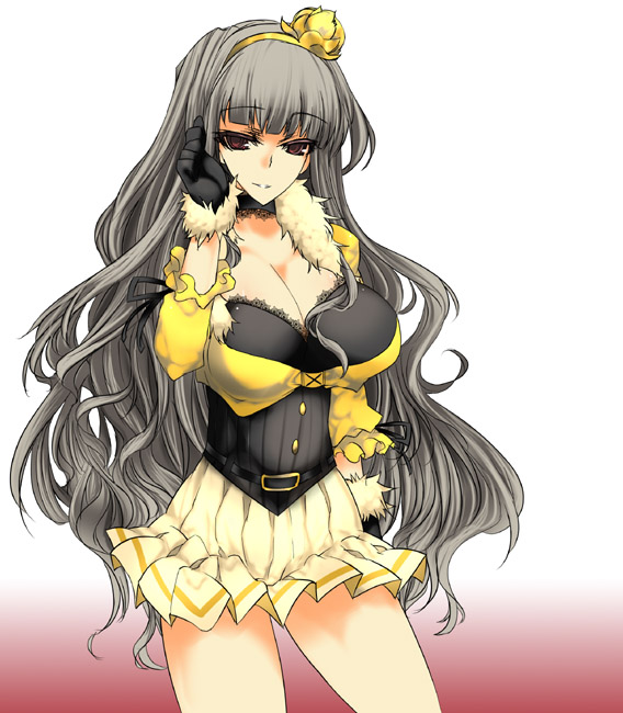 aoguu, 961 production, shijou takane, idolmaster, idolmaster (classic), 00s, 1girl, breasts, choker, cleavage, curly hair, female focus, gloves, gradient background, grey hair, hair ornament, hair ribbon, hairband, huge breasts, legs, long hair, miniskirt, pleated skirt, ribbon, skirt, smile, solo, standing, very long hair, wavy hair