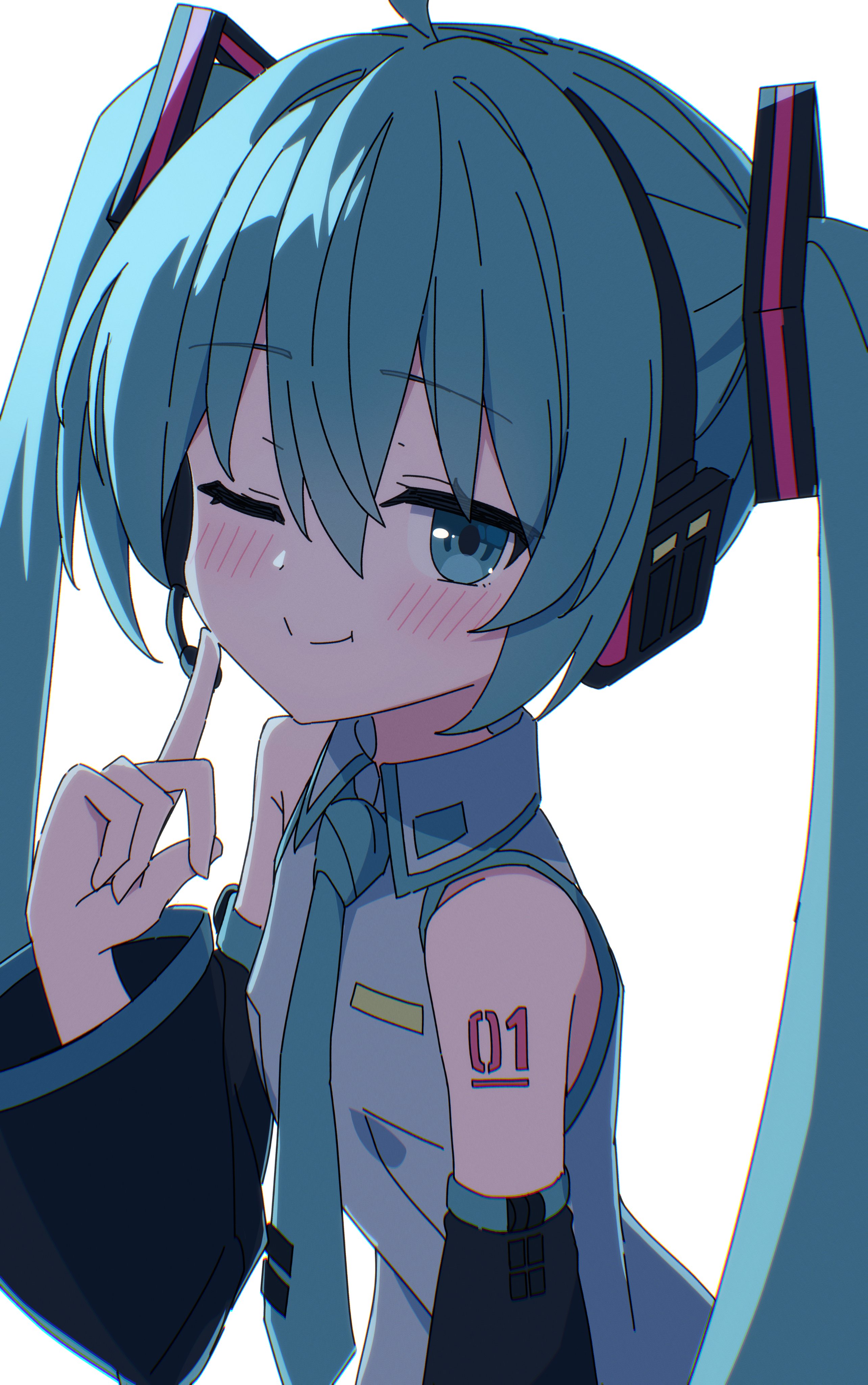 kaie, hatsune miku, vocaloid, absurdres, commentary request, highres, 1girl, ;), ahoge, bare shoulders, black sleeves, blush, closed mouth, collared shirt, detached sleeves, green eyes, green hair, green necktie, grey shirt, hair between eyes, hand up, headphones, long hair, long sleeves, looking at viewer, necktie, number tattoo, one eye closed, shirt, shoulder tattoo, simple background, sleeveless, sleeveless shirt, smile, solo, tattoo, tie clip, twintails, upper body, white background