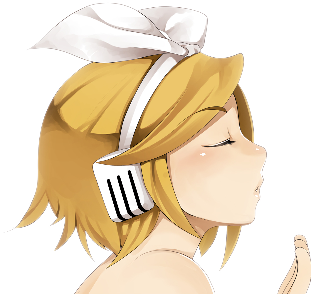 kosame daizu, kagamine rin, vocaloid, bad id, bad pixiv id, blonde hair, blush, closed eyes, headphones, kiss, short hair, solo