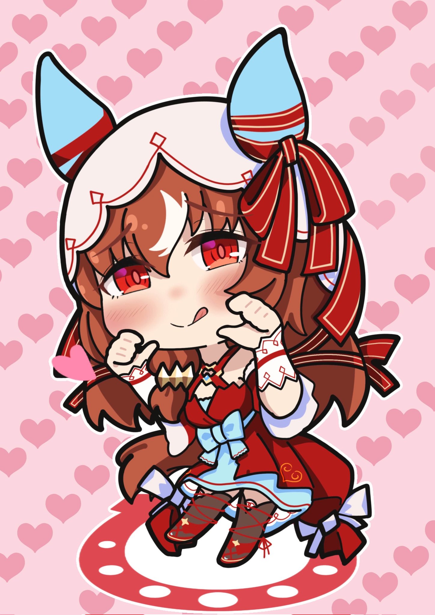 kiri kiri, still in love (scarlet vow raiment) (umamusume), still in love (umamusume), umamusume, highres, 1girl, animal ears, black thighhighs, blush, bow, breasts, brown hair, chibi, closed mouth, detached sleeves, dress, ear covers, ear ribbon, hair between eyes, hair ornament, heart, horse ears, horse girl, horse tail, long hair, looking at viewer, red dress, red eyes, ribbon, smile, solo, string, string of fate, tail, thighhighs, tongue, tongue out, veil, white veil