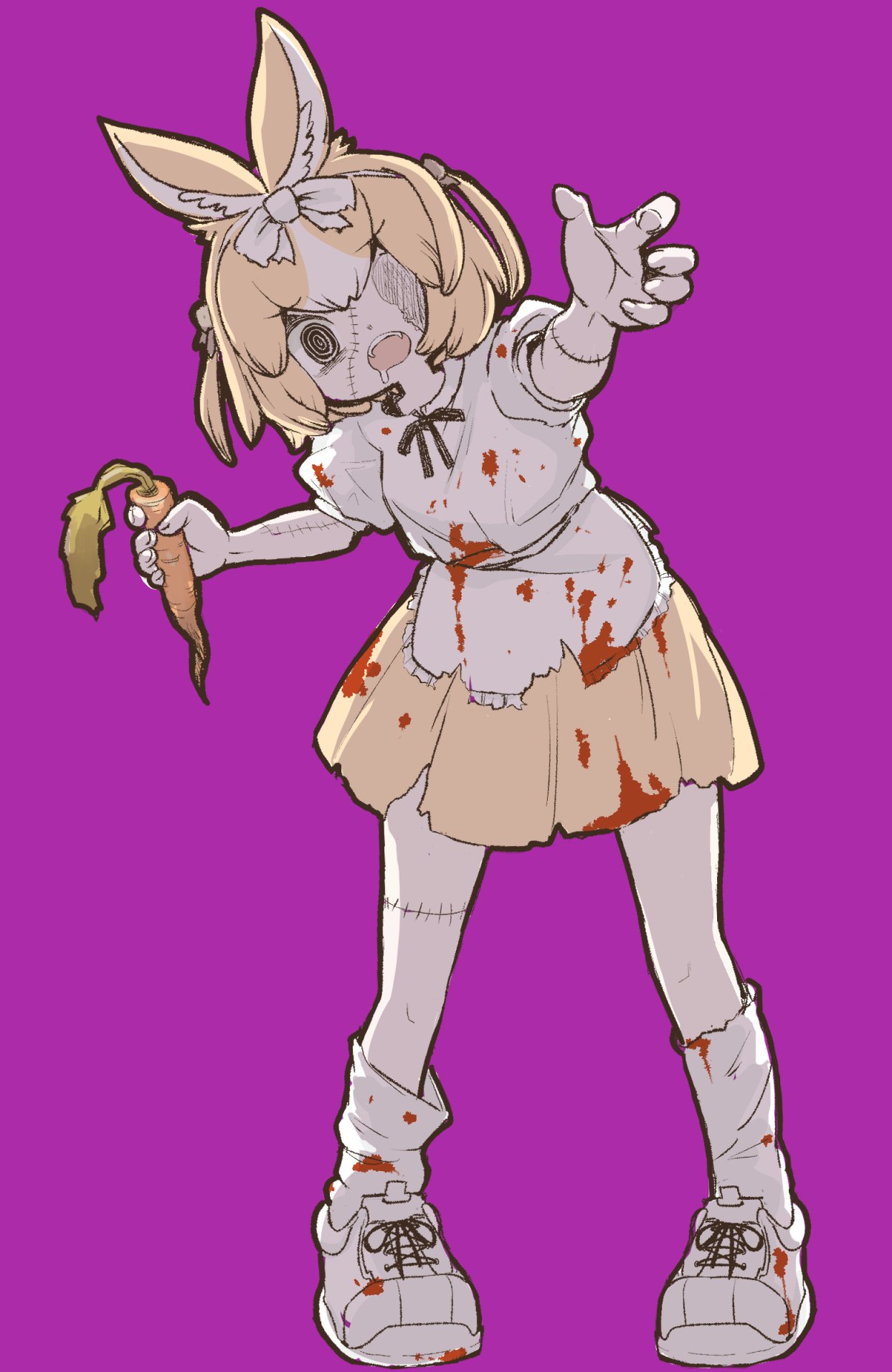 nenkou-san, domestic rabbit (kemono friends), kemono friends, highres, 1girl, @ @, adapted costume, animal ears, blood, blood on clothes, blood on face, blood splatter, bow, brown hair, brown skirt, carrot, drooling, hair between eyes, hair bow, halloween, halloween costume, looking at viewer, loose socks, multicolored hair, open mouth, partially shaded face, pleated skirt, puffy short sleeves, puffy sleeves, purple background, rabbit ears, rabbit girl, rabbit tail, reaching, reaching towards viewer, shirt, shoes, short sleeves, sidelocks, skirt, socks, solo, stitched arm, stitched face, stitched leg, stitches, tail, two-tone hair, white bow, white hair, white shirt, white shoes, white socks, zombie costume