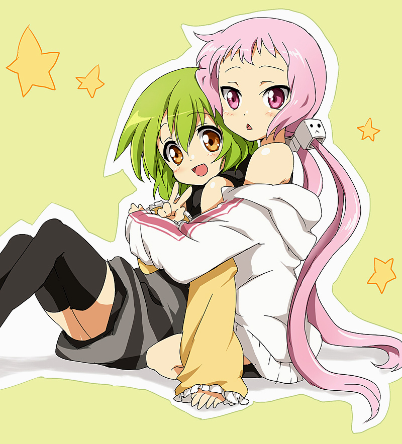 maruki (punchiki), kl-chan, mono (character), original, bad id, bad pixiv id, 2girls, :<, blush, brown eyes, green hair, hood, hoodie, hug, jacket, jersey, long hair, multiple girls, pink eyes, pink hair, short hair, sitting, thighhighs, track jacket, twintails, v, zettai ryouiki