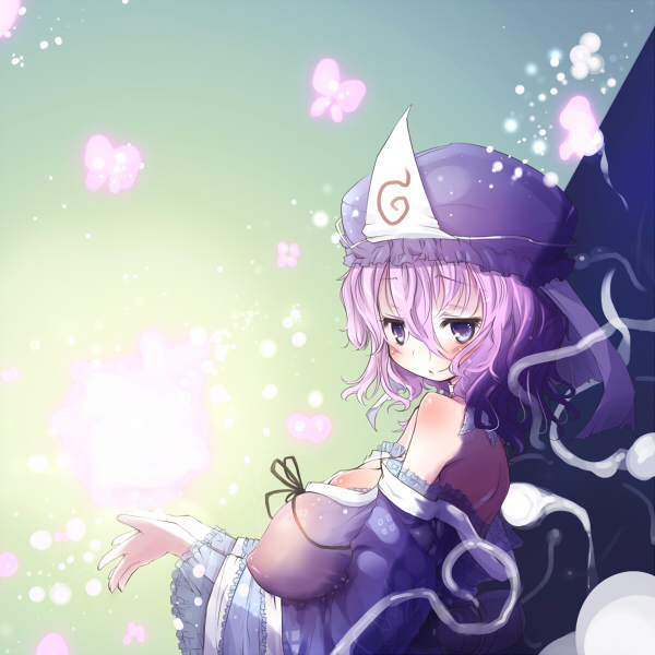 kawahara megumi, saigyouji yuyuko, touhou, bad id, bad pixiv id, 1girl, blush, breasts, bug, butterfly, female focus, gradient background, hat, huge breasts, insect, pink hair, purple eyes, short hair, smile, solo, upper body