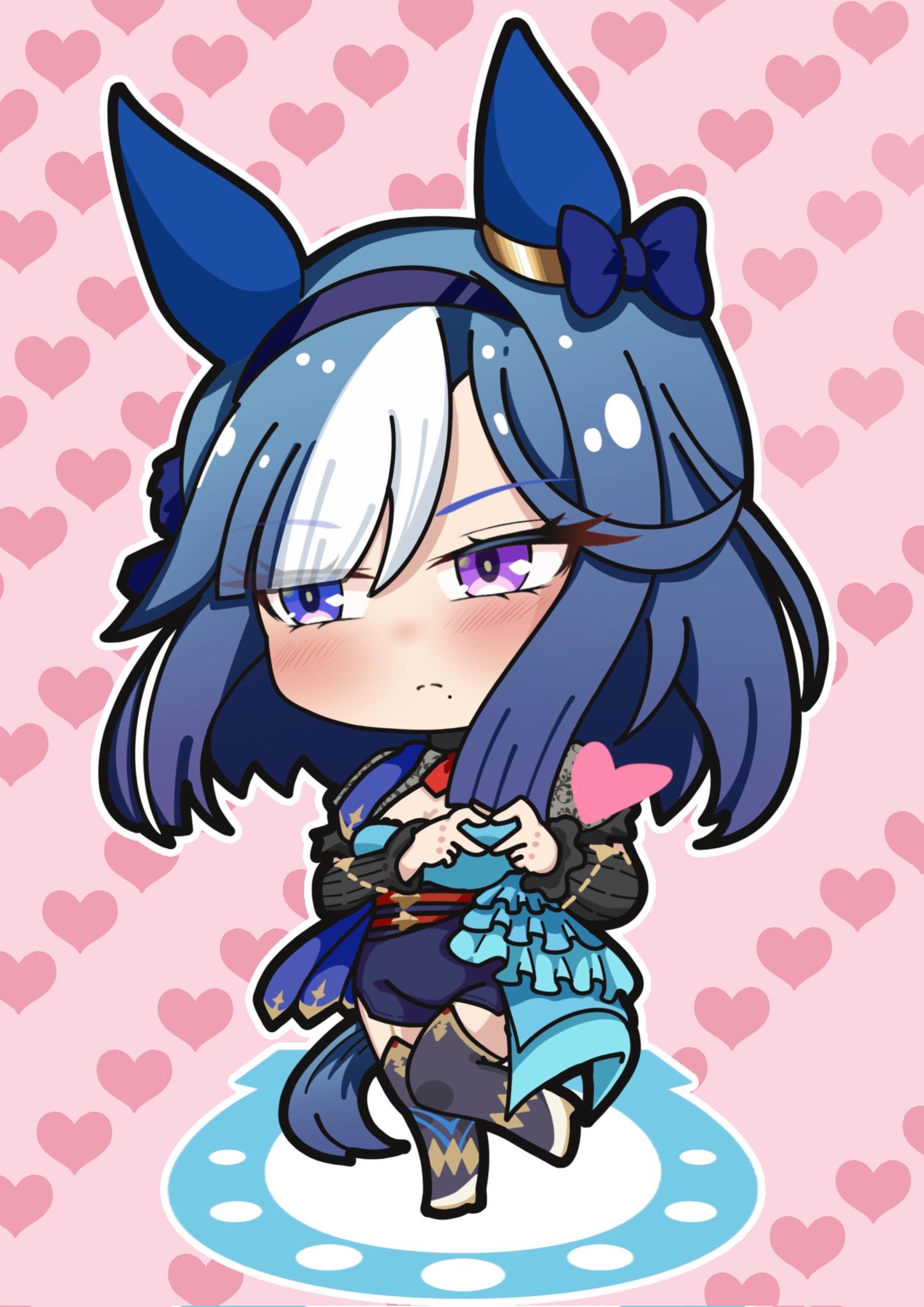 kiri kiri, admire groove (umamusume), umamusume, highres, 1girl, animal ears, black thighhighs, blue dress, blue eyes, blue hair, blue shorts, blush, bow, breasts, chibi, cleavage cutout, closed mouth, clothing cutout, detached sleeves, dress, ear bow, ear covers, four-finger heart hands, hairband, heart, heart hands, heterochromia, horse ears, horse girl, horse tail, long hair, mole, mole under mouth, multicolored hair, necktie, purple eyes, red necktie, short necktie, short sleeves, shorts, solo, streaked hair, tail, thighhighs, white hair, white streaks