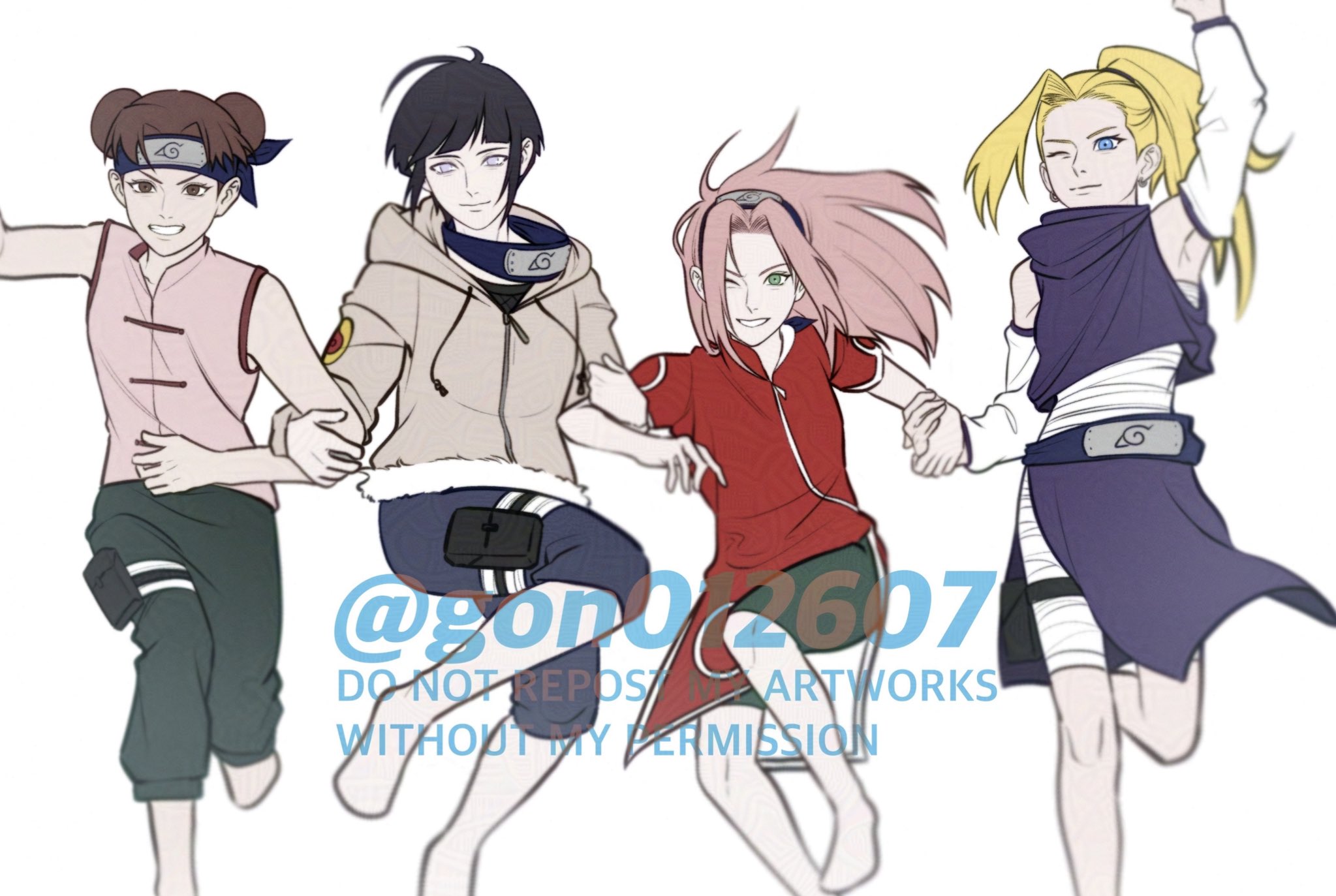 gon012607, haruno sakura, hyuuga hinata, tenten (naruto), yamanaka ino, naruto (series), highres, 4girls, bandaged leg, bandaged torso, bandages, barefoot, black hair, black pants, black shirt, blonde hair, blue eyes, blue headband, blunt bangs, breasts, brown eyes, brown hair, closed mouth, detached sleeves, double bun, feet out of frame, green eyes, grey hoodie, grin, hair bun, hand up, headband, headband around neck, holding hands, hood, hood down, hoodie, jacket, locked arms, medium breasts, multiple girls, one eye closed, pants, parted bangs, pelvic curtain, pink hair, pink shirt, ponytail, purple shirt, purple skirt, red jacket, shirt, short sleeves, skirt, smile, teeth, twitter username, white background, white eyes, white sleeves