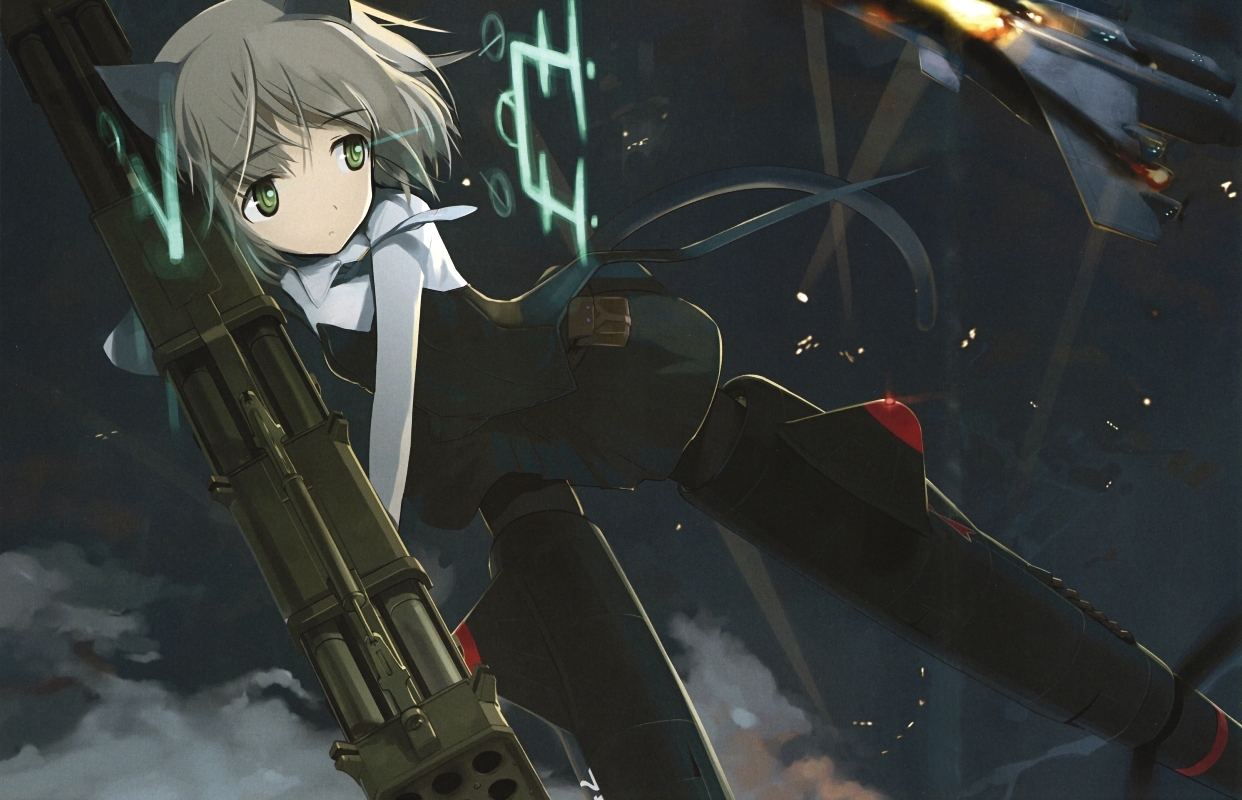shimada fumikane, sanya v. litvyak, strike witches, world witches series, silver hair, non-web source, scan, 00s, 1girl, animal ears, black pantyhose, cat ears, cat tail, female focus, flying, green eyes, hirschgeweih antennas, pantyhose, short hair, solo, striker unit, tail