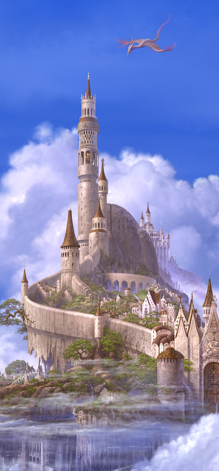 kazumasa uchio, uchio kazumasa, original, bad id, bad pixiv id, highres, bird, castle, cloud, creature, day, fantasy, mountain, no humans, scenery, sky, tree