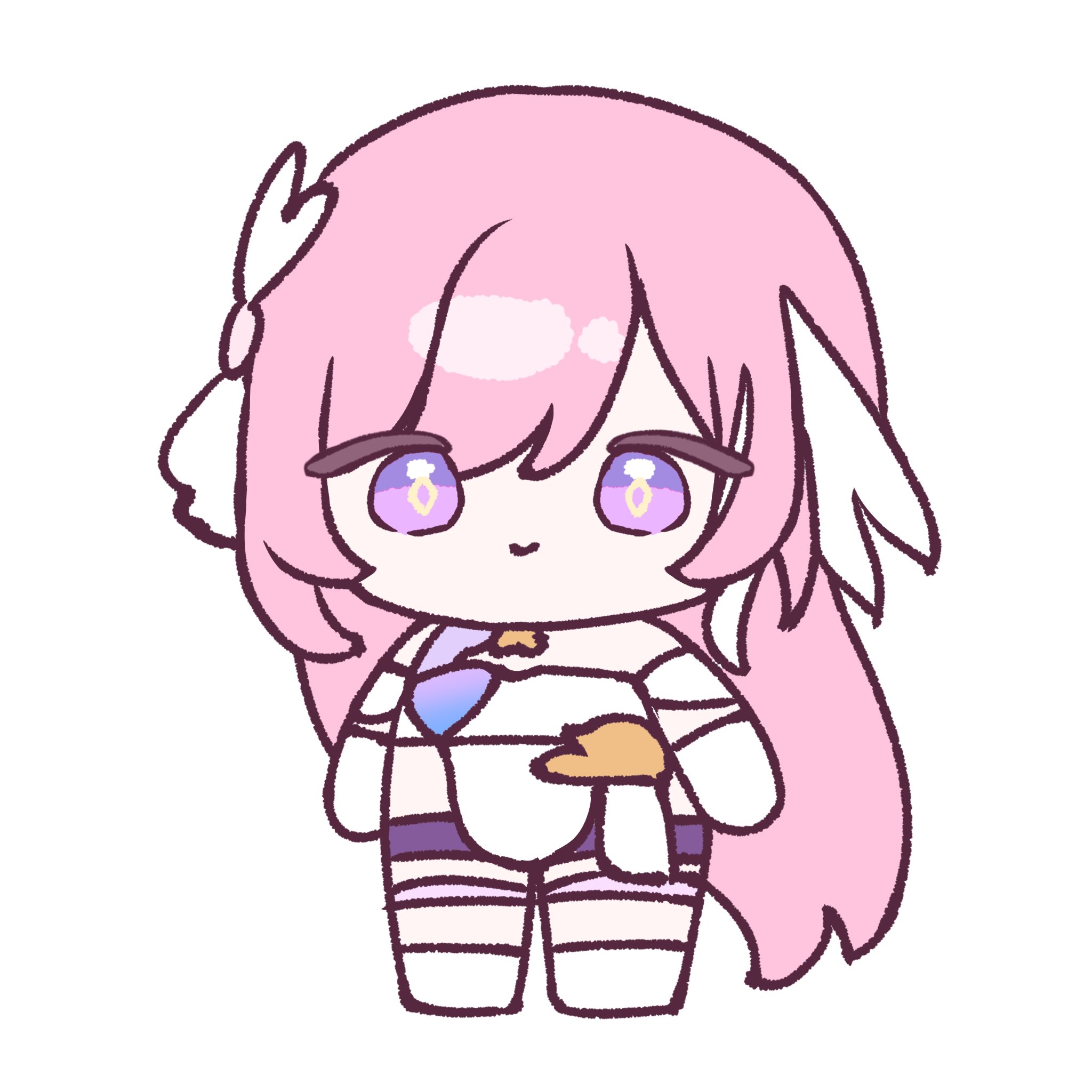 mikurumikurumi, elysia (herrscher of human: ego) (honkai impact), elysia (honkai impact), honkai (series), honkai impact 3rd, commentary request, highres, 1girl, bare shoulders, black shorts, boots, chibi, chibi only, corset, diamond-shaped pupils, diamond (shape), hair ornament, long hair, looking at viewer, multicolored hair, pink hair, purple eyes, shorts, simple background, solo, symbol-shaped pupils, two-tone hair, very long hair, white background, white boots, white corset, white hair