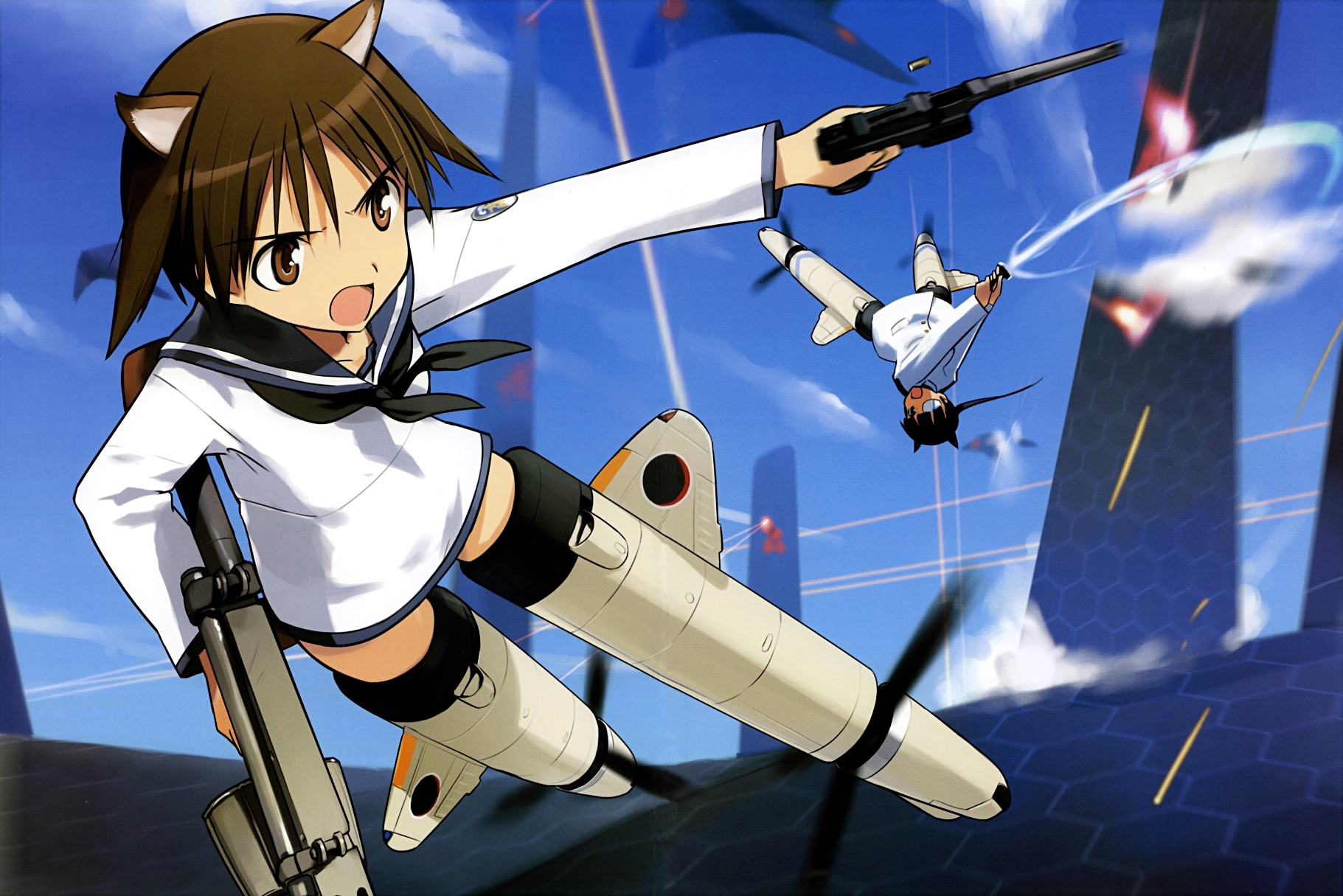 shimada fumikane, miyafuji yoshika, sakamoto mio, strike witches, world witches series, highres, non-web source, scan, 00s, 2girls, animal ears, black hair, brown eyes, brown hair, casing ejection, drum magazine, eyepatch, flying, gun, handgun, holding, holding sword, holding weapon, long hair, machine gun, magazine (weapon), mauser c96, multiple girls, pistol, shell casing, striker unit, sword, weapon