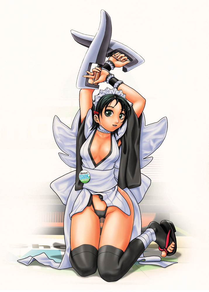 v-mag, iroha (samurai spirits), samurai spirits, snk, 1girl, black hair, black panties, breasts, cleavage, female focus, green eyes, panties, ribbon, solo, thighhighs, thong, underwear