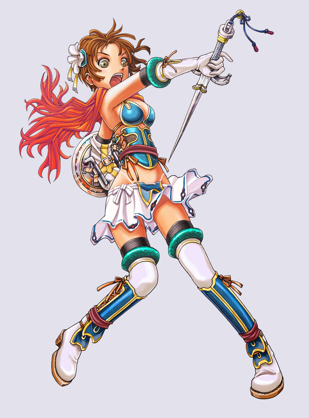 v-mag, soul calibur, highres, md5 mismatch, resolution mismatch, source smaller, 1girl, armor, armpits, boots, breasts, brown eyes, brown hair, cape, elbow gloves, female focus, flower, gloves, hair ornament, miniskirt, navel, open mouth, revealing clothes, ribbon, shield, short hair, sideboob, simple background, skirt, solo, standing, sword, thighhighs, weapon, zettai ryouiki