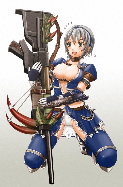 v-mag, capcom, monster hunter (series), monster hunter frontier, md5 mismatch, resolution mismatch, source larger, 1girl, armor, azure (armor), belt bra, clothes lift, female focus, green eyes, grey hair, gun, panties, pantyshot, rifle, skirt, skirt lift, solo, thighhighs, underwear, upskirt, weapon, white panties