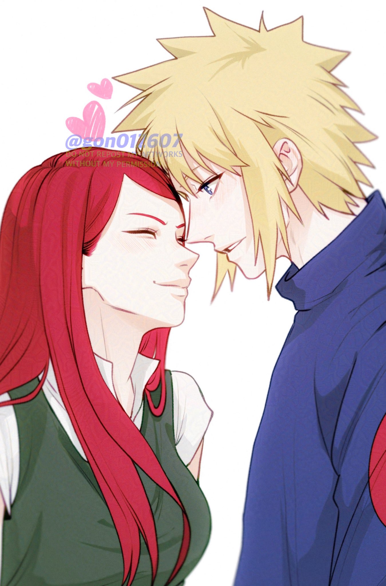 gon012607, namikaze minato, uzumaki kushina, naruto (series), highres, 1boy, 1girl, blonde hair, blue eyes, blue shirt, breasts, closed eyes, collared shirt, couple, dress, forehead-to-forehead, green dress, hair between eyes, heads together, hetero, medium breasts, parted lips, red hair, shirt, shirt under dress, short hair, short sleeves, smile, spiked hair, swept bangs, twitter username, upper body, white background, white shirt
